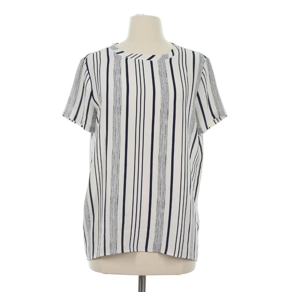 LOFT Women's White Striped Button Back Short Sleeve Blouse Top
